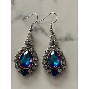 Crystal Dangle Blue Purple & Silver Rhinestones Earrings NEW